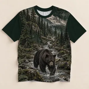 Creekside Bear and Forest Wilderness Scene for Hiking and Outdoor Adventures All-over Print Unisex T-shirt