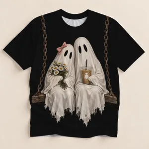 Two White Ghosts on a Swing for Halloween Parties and Spooky Autumn Night Celebrations All-over Print Unisex T-shirt