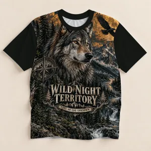 Wolf, Moonlit Forest and Mountain Wilderness for Outdoor Adventure Enthusiasts All-over Print Unisex T-shirt