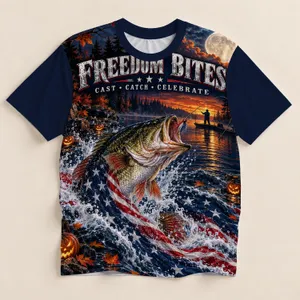 Patriotic Bass Fishing Under a Halloween Moon for Anglers and Outdoor Nights All-over Print Unisex T-shirt