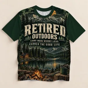 Retired Outdoors Mountain Campfire Scene for Relaxed Camping and Retirement Getaways All-over Print Unisex T-shirt