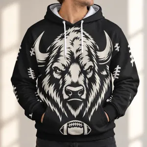 Bold Bison Head and Football for Game Day, Tailgating and Weekend Fan Wear Style All-over Print Hoodie (Lightweight)