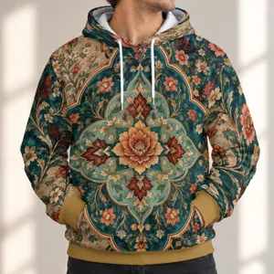 Teal Gold Floral Medallion for Cultural Celebrations and Elegant Everyday Wear All-over Print Hoodie (Lightweight)