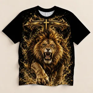 Golden Roaring Lion and Cross for Faith, Worship, and Everyday Christian Style All-over Print Unisex T-shirt