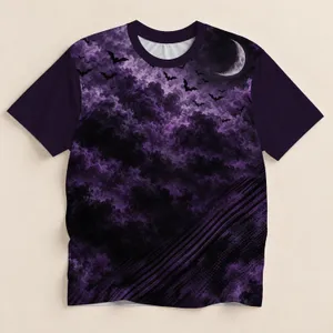 Purple Crescent Moon and Bats for Gothic Halloween Nights and Spooky Autumn Gatherings All-over Print Unisex T-shirt
