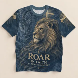 Lion and Cross Faith Expression for Daily Golf and Casual Wear, Men’s Spiritual Style All-over Print Unisex T-shirt