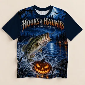 Halloween Fishing Night Lake Scene for Autumn Anglers All-over Print Unisex T-shirt