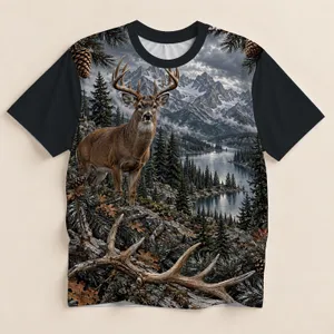 Majestic Antlered Buck in Pine Forest for Cozy Cabin Evenings and Woodland Getaways All-over Print Unisex T-shirt