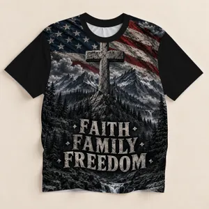 Faith Cross and American Flag Mountain Scene for Patriotic Everyday Wear All-over Print Unisex T-shirt