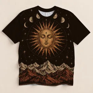 Celestial Sun Moon and Mountain Range for Relaxed Stargazing Evenings and Nature Lovers All-over Print Unisex T-shirt