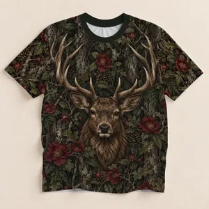 Vintage Deer Antlers and Burgundy Florals for Rustic Outdoor Living and Nature Lovers All-over Print Unisex T-shirt