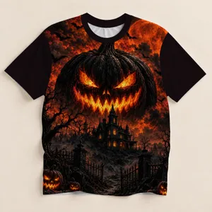 Fiery Jack-O'-Lantern Haunted Manor Halloween Night Scene for Spooky October Celebrations All-over Print Unisex T-shirt