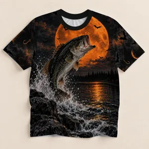 Leaping Bass Under an Orange Harvest Moon for Night Fishing and Outdoor Adventure All-over Print Unisex T-shirt