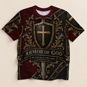 Burgundy Knight Shield and Cross Sword for Church Events and Faithful Men of Faith All-over Print Unisex T-shirt