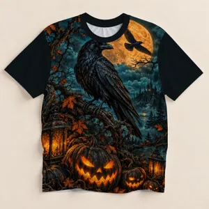 Full Moon Crow, Autumn Lanterns And Glowing Pumpkins For Halloween Night Celebrations All-over Print Unisex T-shirt