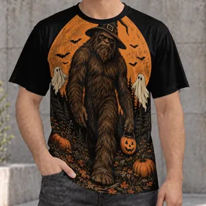 Shaggy Sasquatch Under Orange Moon for Halloween Night and Autumn Forest Fans All-over Print Unisex T-shirt