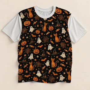 Halloween Cat, Pumpkin and Ghost Motifs for Spooky Season Casual Everyday Wear All-over Print Unisex T-shirt