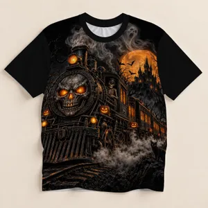 Haunted Pumpkin Locomotive with Skeleton Conductor for Halloween Night Celebrations All-over Print Unisex T-shirt
