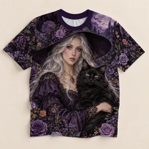 Witch and Black Cat Among Purple Roses for Halloween, Women's Gothic Style All-over Print Unisex T-shirt