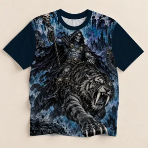 Hooded Reaper Riding Saber-Toothed Tiger for Gothic Fantasy Metal Fans All-over Print Unisex T-shirt