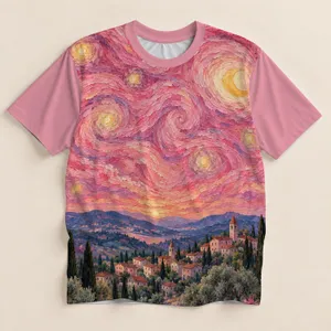 Pink Swirling Starry Sky and Tuscan Village for Art Lovers and Creative Getaways All-over Print Unisex T-shirt