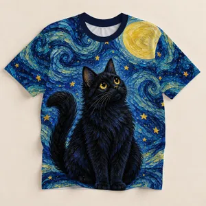 Black Cat Under a Golden Starry Sky for Whimsical Everyday Style All-over Print Unisex T-shirt