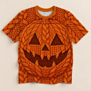 Knitted Pumpkin Face for Autumn Gatherings and Cozy Halloween Season Style All-over Print Unisex T-shirt