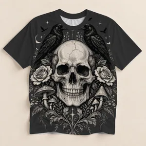 Gothic Skull with Crows, Roses and Mushrooms for Moody Autumn Nights and Alt Style All-over Print Unisex T-shirt
