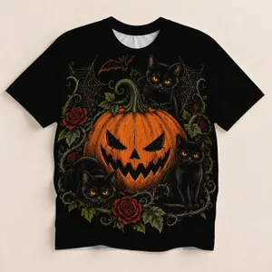 Scary Pumpkin and Three Black Cats for Halloween Celebrations and Autumn Parties All-over Print Unisex T-shirt