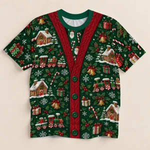 Christmas Holiday Green Vest with Santa and Candy Trains for Festive Parties and Gifting All-over Print Unisex T-shirt
