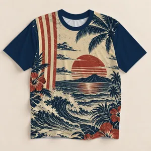 Vintage Tropical Ocean Sunset With Palms for Relaxed Beachside Summer Getaways and Travel All-over Print Unisex T-shirt