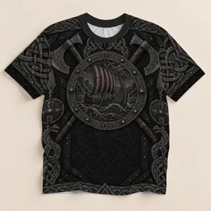 Norse Longship Shield Knot Motifs for Autumn Gatherings and Viking History Enthusiasts All-over Print Unisex T-shirt