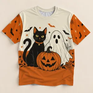 Black Cat Ghost Pumpkin Halloween Scene for Spooky Season Gatherings and Parties All-over Print Unisex T-shirt