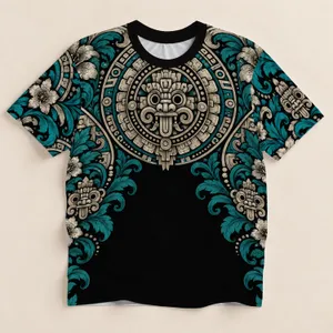 Mayan Ceremonial Medallion and Teal Botanicals for Cultural Travel and Daily Wear All-over Print Unisex T-shirt