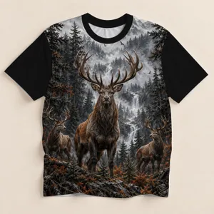 Majestic Stags in a Misty Forest for Hunting Camp and Outdoor Adventure Enthusiasts All-over Print Unisex T-shirt