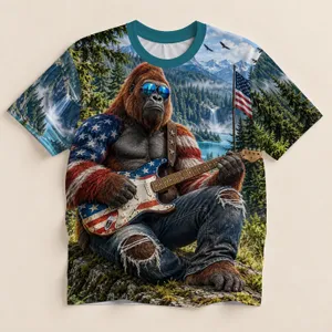 American Flag Guitar And Forest Gorilla Scene For Patriotic Music Lovers All-over Print Unisex T-shirt