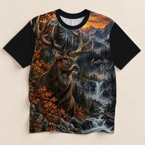 Majestic Deer, Waterfall and Autumn Forest for Hiking, Hunting and Camping Adventures All-over Print Unisex T-shirt