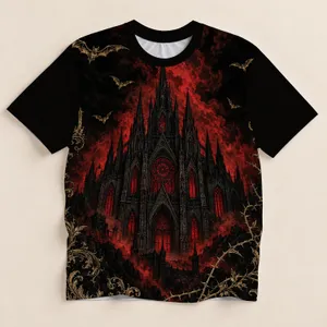 Gothic Cathedral, Crimson Smoke And Bats For Dark Nightlife And Halloween Gatherings All-over Print Unisex T-shirt