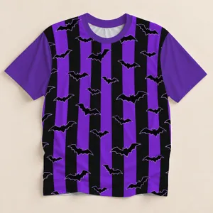 Purple Black Bat Silhouette Halloween Stripes for Spooky Party Nights All-over Print Unisex T-shirt