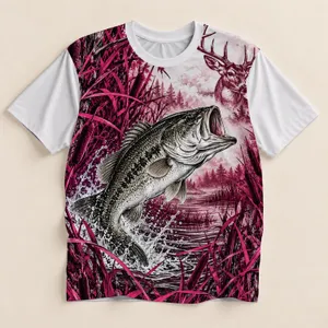 Bass and Deer Wilderness Scene for Fishing, Hunting and Outdoor Recreation Enthusiasts All-over Print Unisex T-shirt