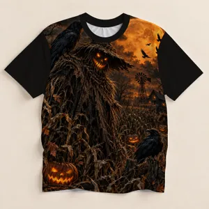 Glowing Pumpkin Scarecrow and Raven Halloween Night for Autumn Party Wear All-over Print Unisex T-shirt