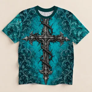 Gothic Thorn Cross in Turquoise for Alternative Nightlife and Dark Street Style All-over Print Unisex T-shirt