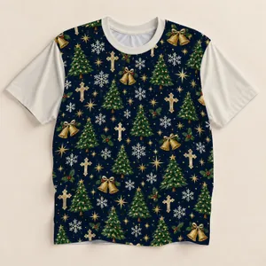 Navy Christmas Trees, Bells and Snowflakes for Festive Holiday Celebrations and Parties All-over Print Unisex T-shirt