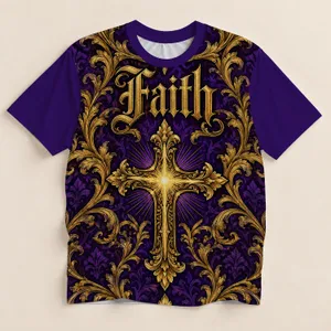 Purple Golden Cross Faith and Baroque Scrollwork for Worship and Christian Devotion All-over Print Unisex T-shirt