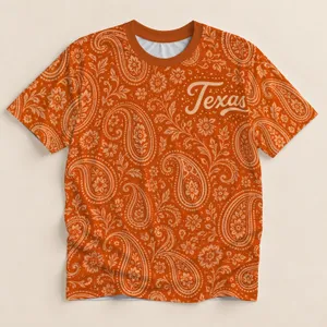 Burnt Orange Paisley With Texas Script for Western Country Getaways and Casual Days All-over Print Unisex T-shirt