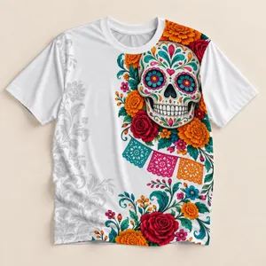 Colorful Sugar Skull and Marigolds for Day of the Dead Celebrations and Festive Wear All-over Print Unisex T-shirt