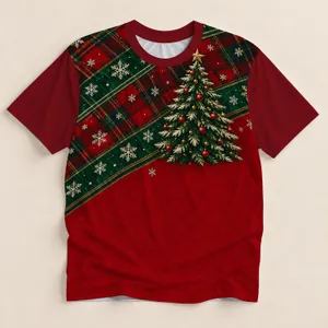 Red Green Tartan Snowflakes Christmas Tree Holiday Cheer for Festive Winter Celebrations All-over Print Unisex T-shirt