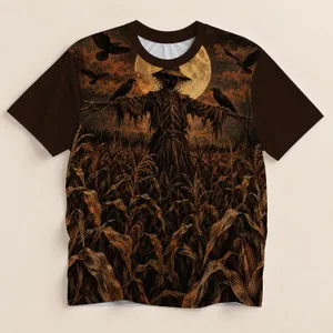 Haunted Cornfield Scarecrow and Crows for Halloween Fall Nights, Rustic Rural Style All-over Print Unisex T-shirt