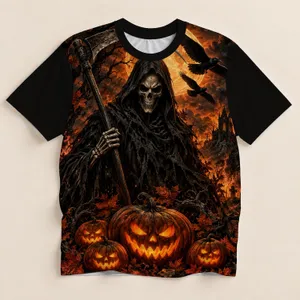 Flaming Grim Reaper and Jack-O'-Lanterns for Spooky Halloween Nights All-over Print Unisex T-shirt