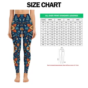 Navy Teal Folk Floral Motifs For Boho Travel, Yoga, And Everyday Casual Style Leggings